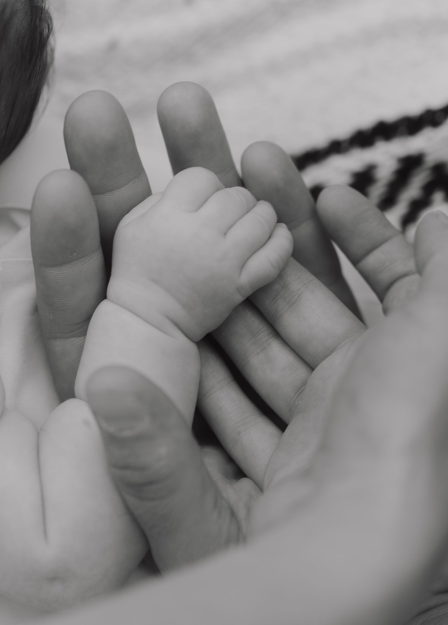 A close-up black and white image of a tiny baby hand grasping an adult's finger.