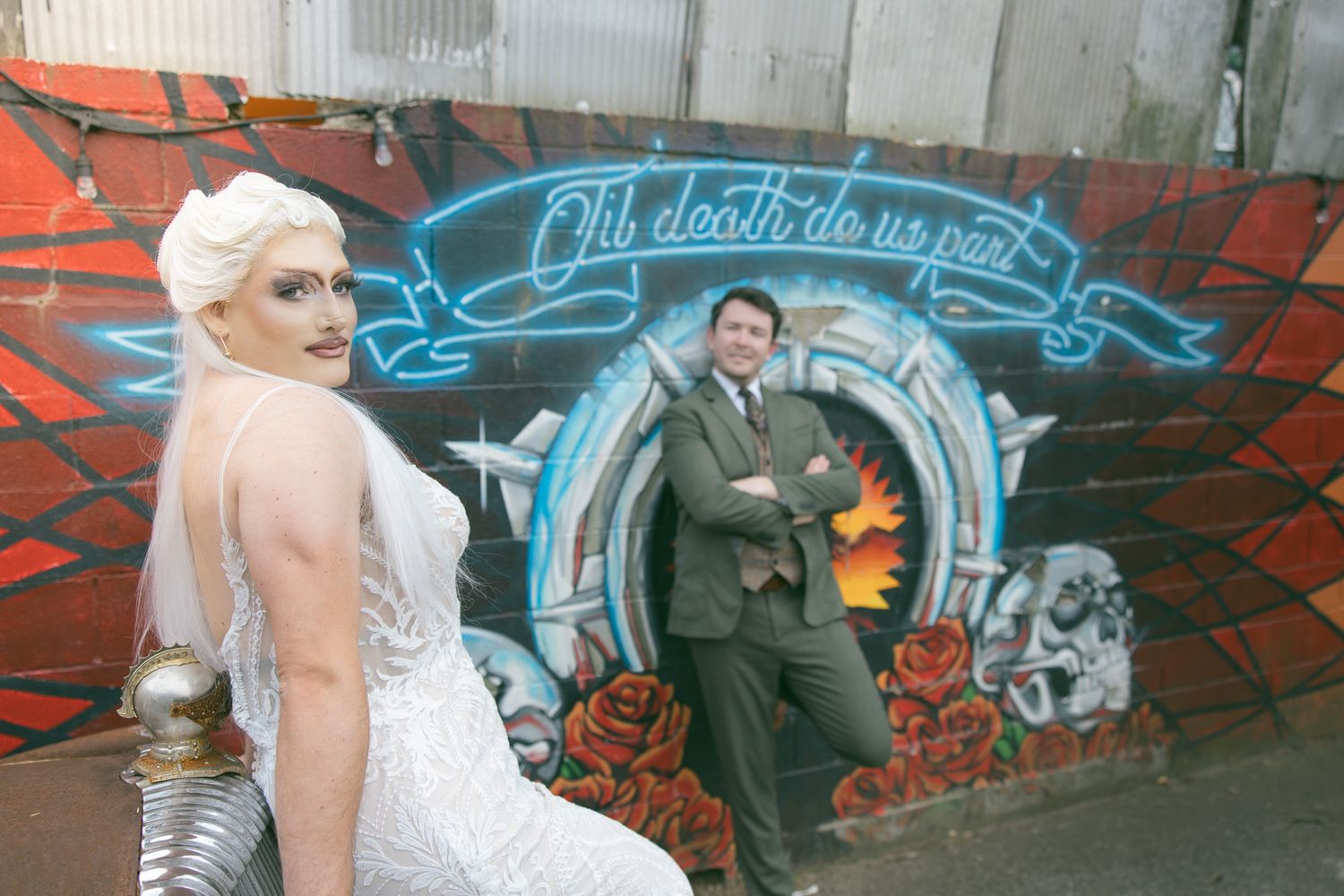 drag wedding mountain elopement asheville nc bride suit photography romantic moody queer lgbtq gay couple