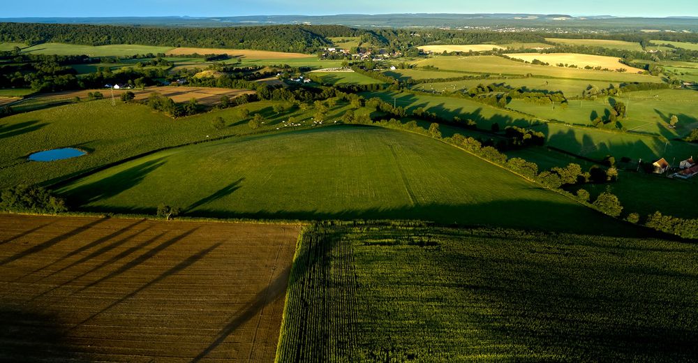 Vue aérienne de terres agricoles vallonnées avec des champs de colorés, un plan d'eau et des parcelles de forêt s'étendant jusqu'à l'horizon