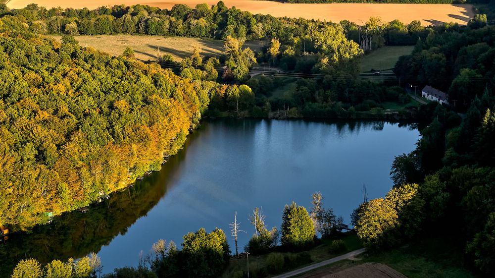 Panorama aérien d'une rivière sinueuse à travers la campagne dorée avec des forêts vertes luxuriantes le long de ses rives.