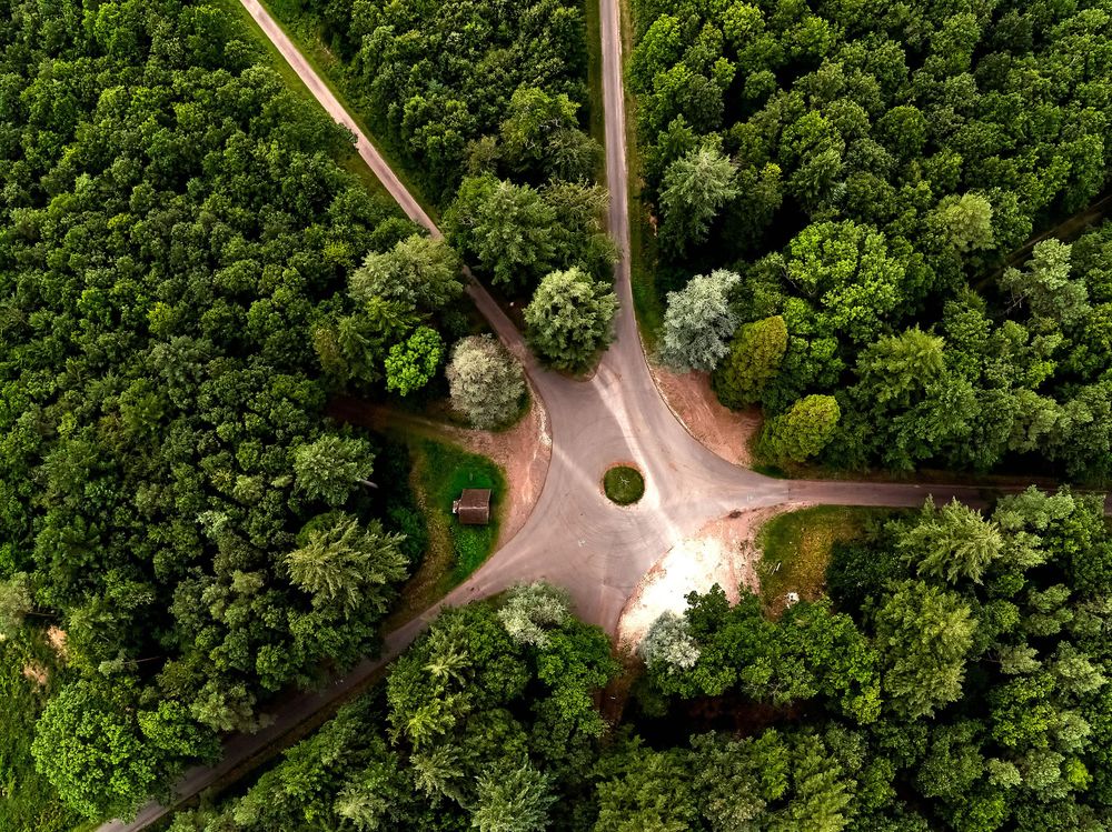 Vue de haut d'un rond point au milieu d'une épaisse canopée de forêt verte.