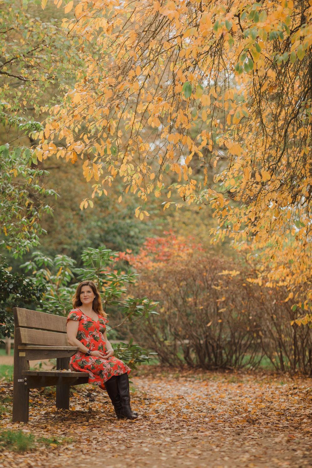 A peaceful autumn scene shows someone in a red floral dress sitting on a park bench surrounded by golden leaves.