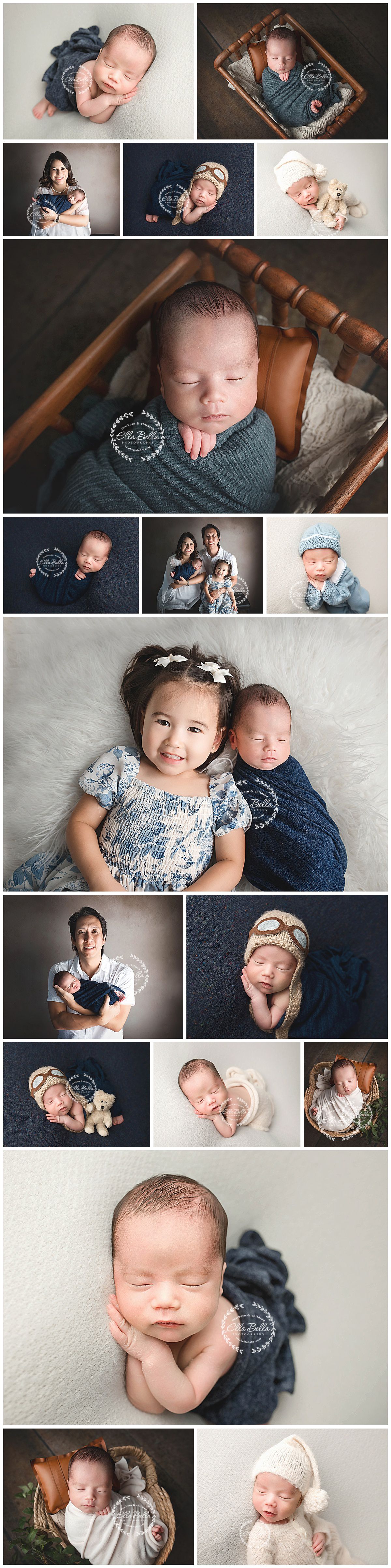Professional newborn photography session featuring soft lighting and cozy props like wooden baskets, knit wraps, and vintage styling.