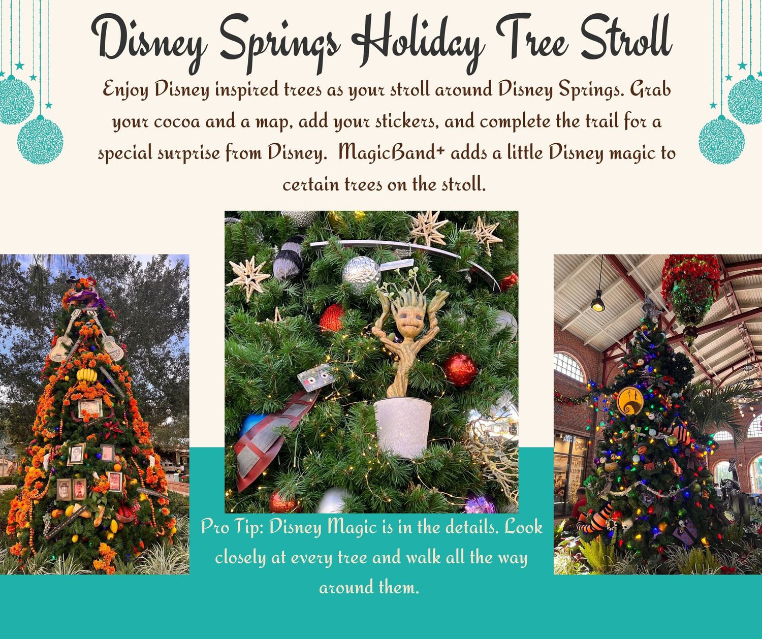 Three ornately decorated Christmas trees displayed at Disney Springs with holiday decorations.