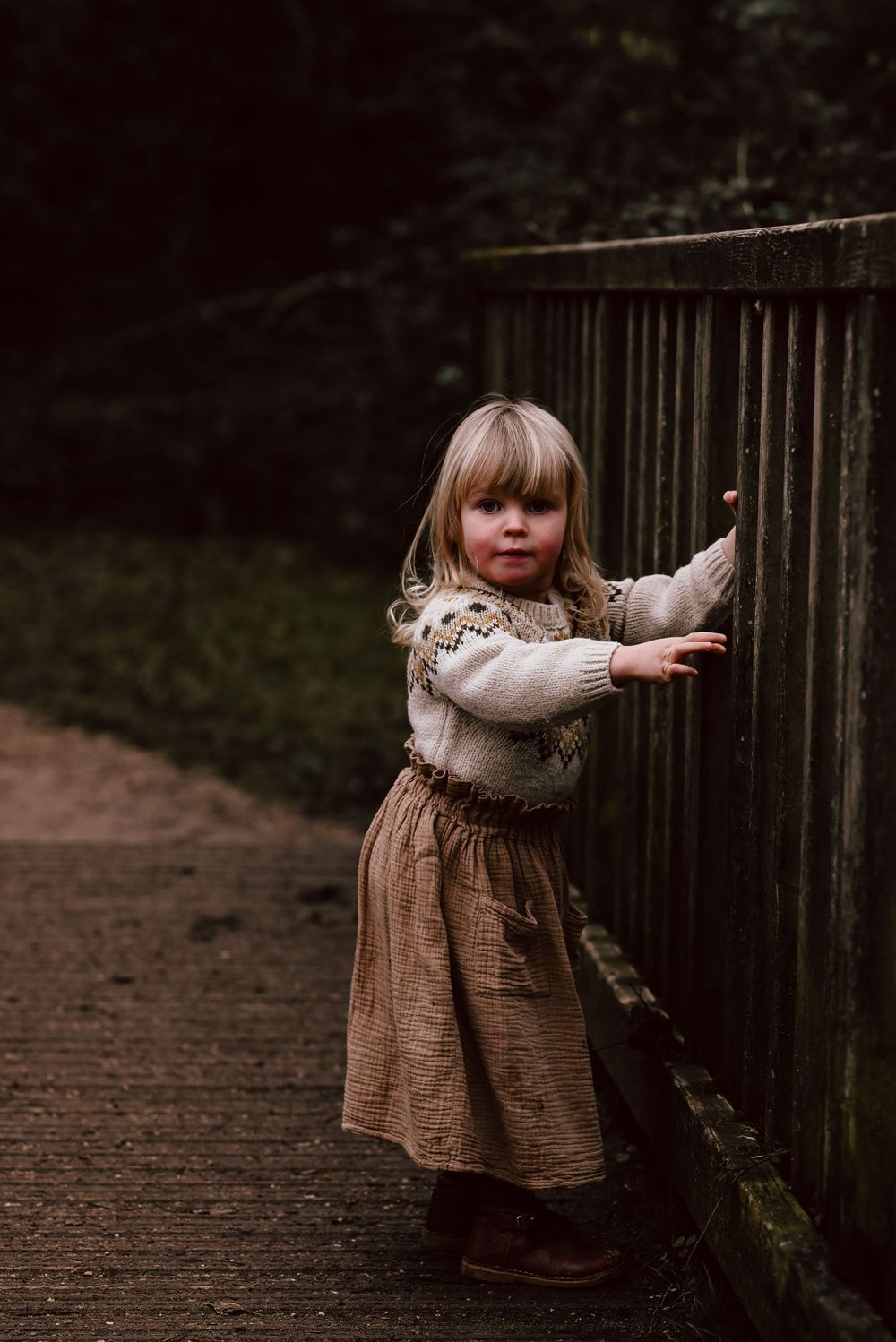 A small child in a brown dress and cream sweater stands along a wooden railing on a forest path.