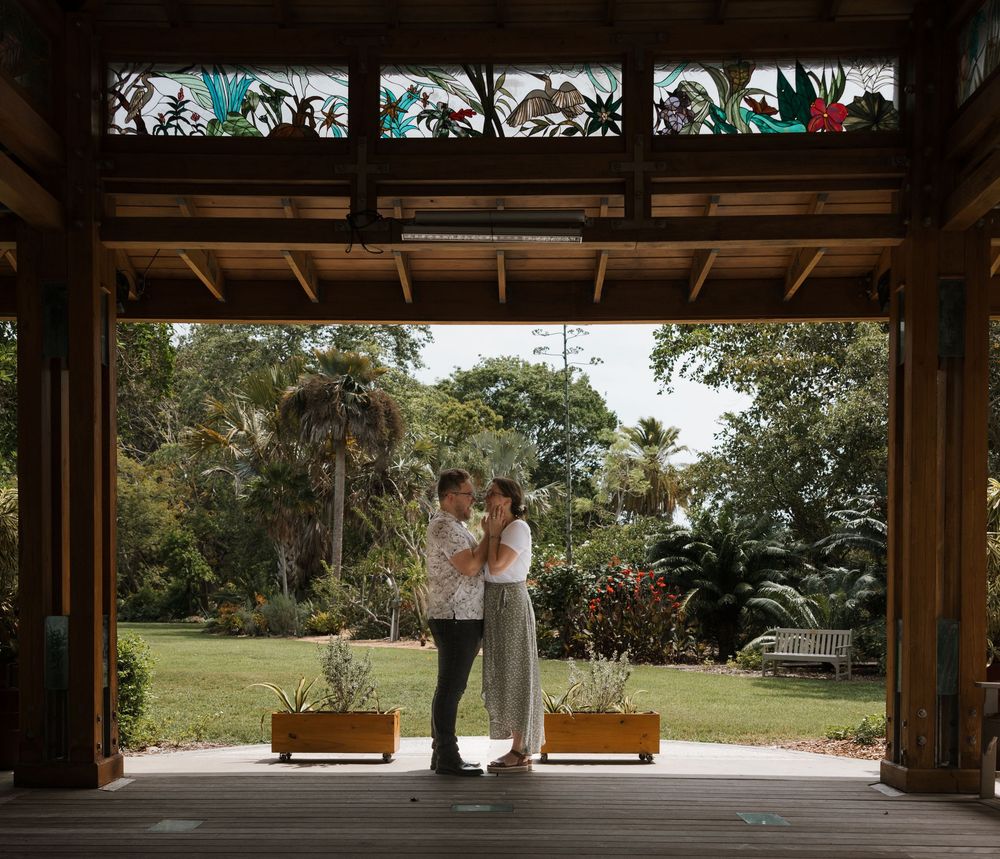 A series of interconnected wedding ceremony photos with outdoor garden views and decorative floral arrangements.