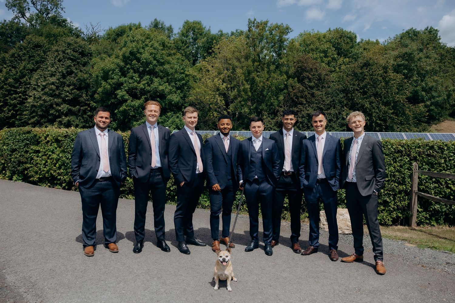 A small dog sits on a path in front of a group of formally dressed individuals standing in a row outdoors.