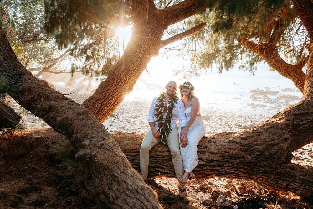 Couple embraces under sun-dappled pine trees at beach during golden hour.