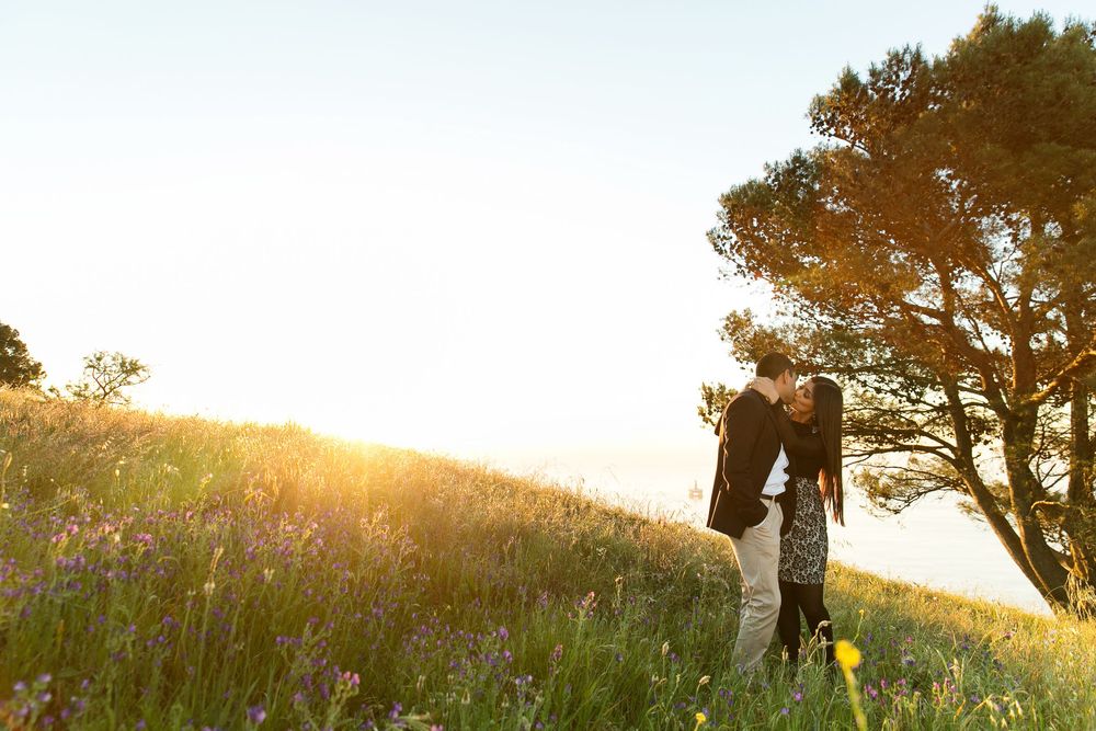 A silhouette stands with a horse on a grassy hillside at sunset with a large tree in the background.
