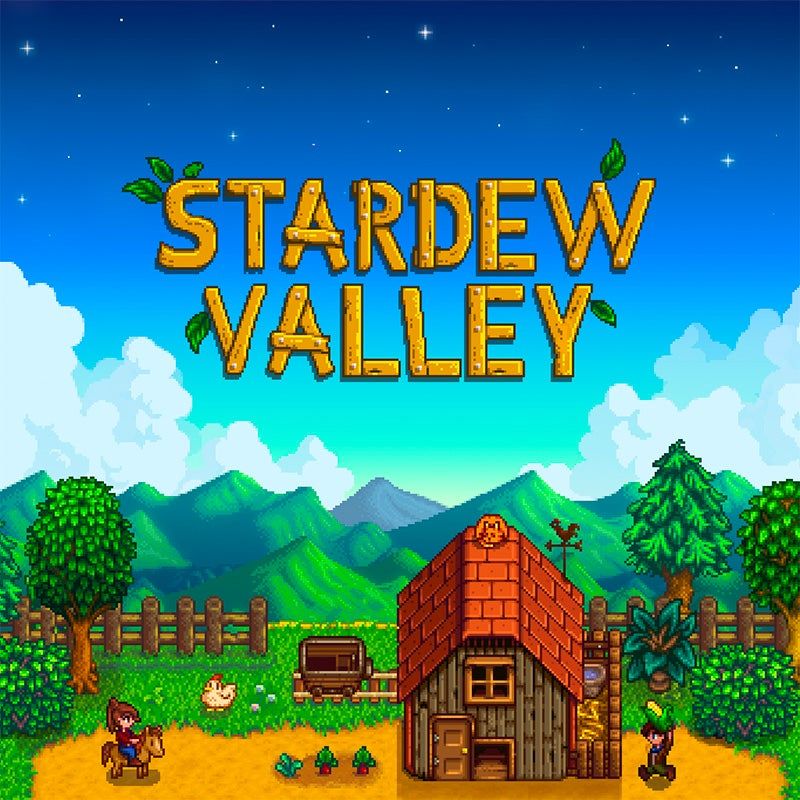 A pixel art banner for Stardew Valley showing a rural farm landscape with buildings, trees, and a sunny blue sky.
