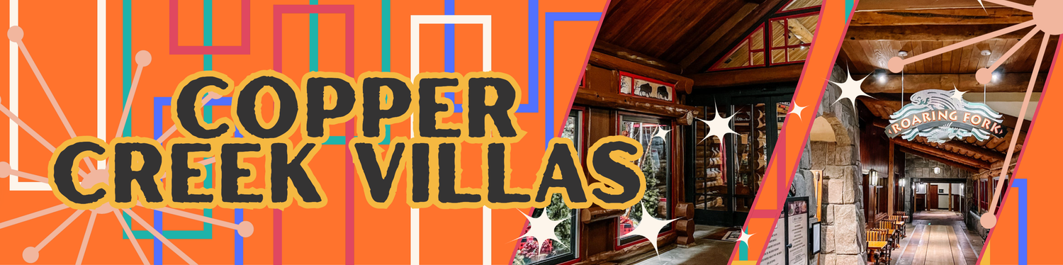 Copper Creek Villas signage with rustic lodge interior background.