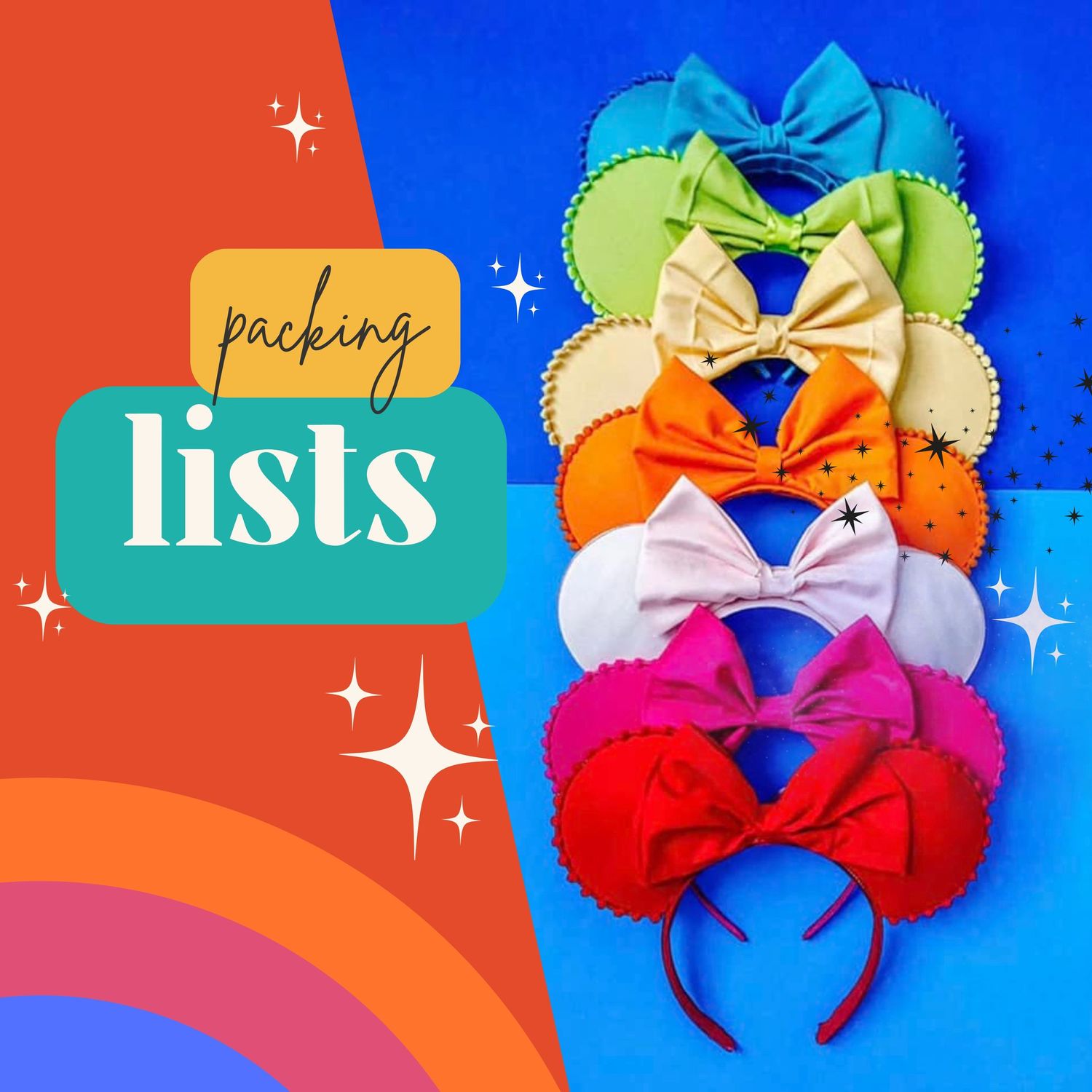 Collection of Disney-themed bow headbands displayed on vibrant multicolored background.