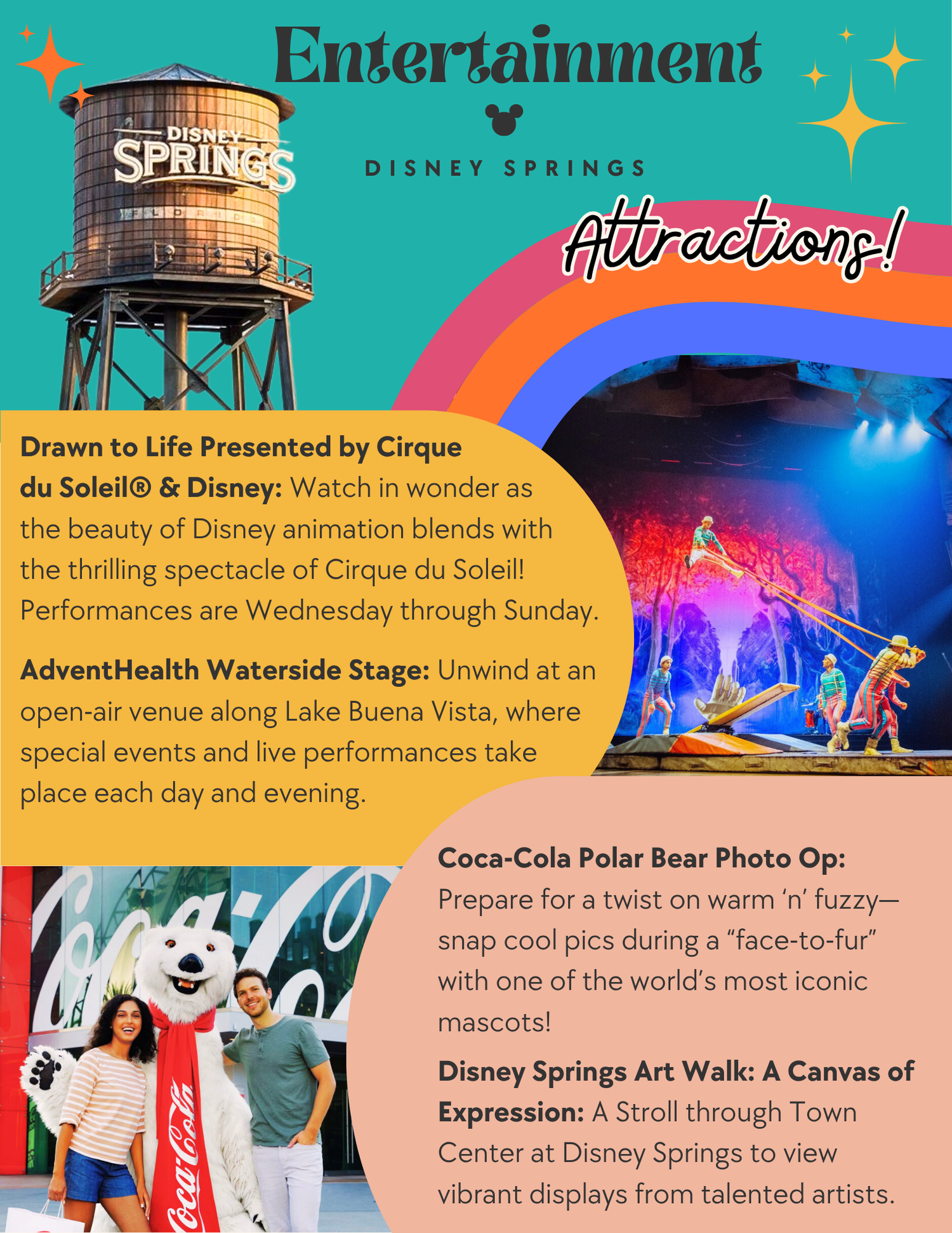 Entertainment guide featuring Cirque du Soleil, waterside stage performances and photo opportunities.