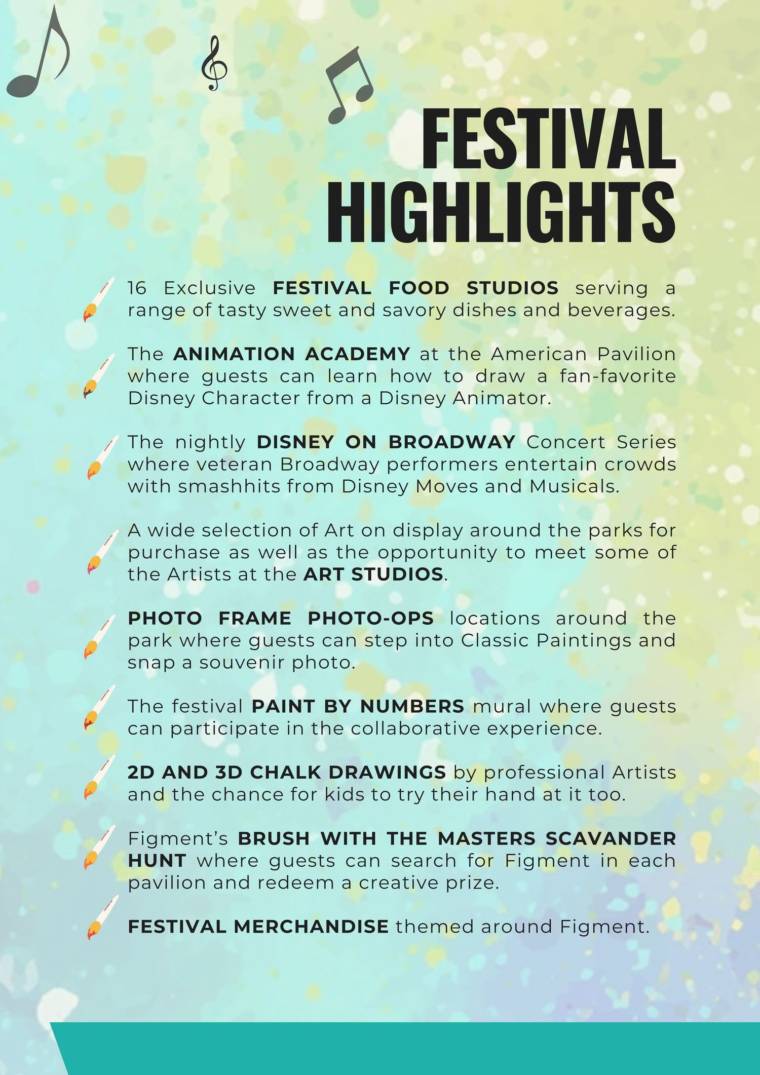Festival highlights list featuring musical notes and event details on pastel background.