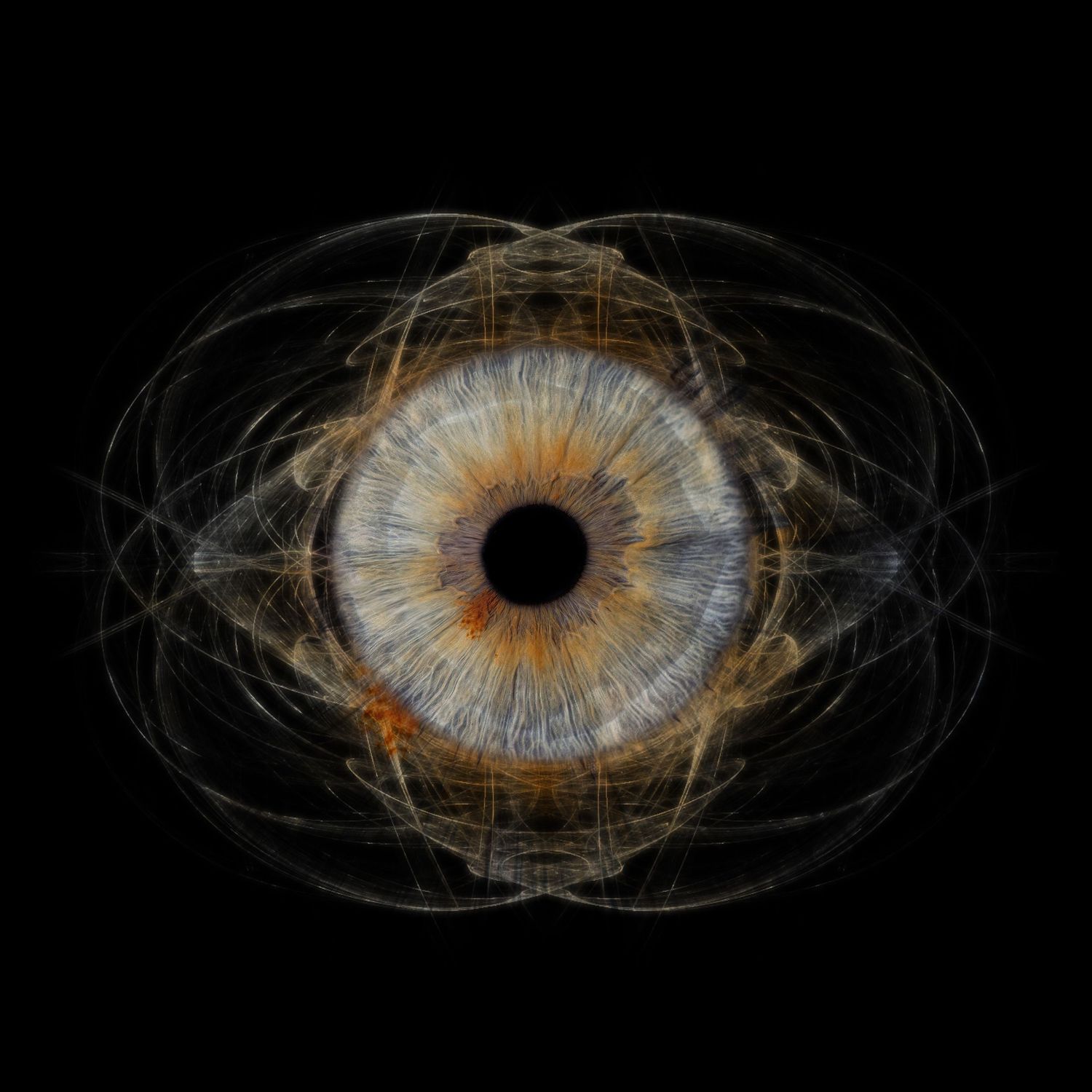 Abstract eye art with orange and white swirling patterns forming an eye shape against black background.