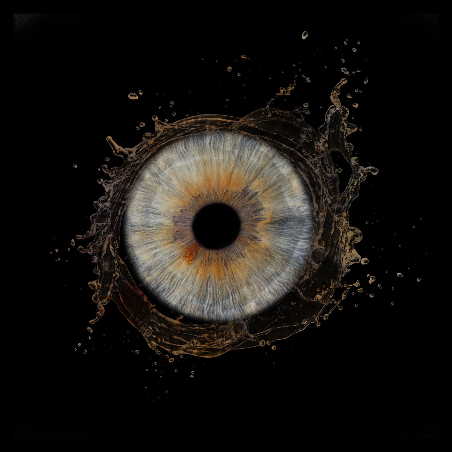 A macro close-up view of a human iris with blue and brown colors surrounded by liquid splashes against black background.