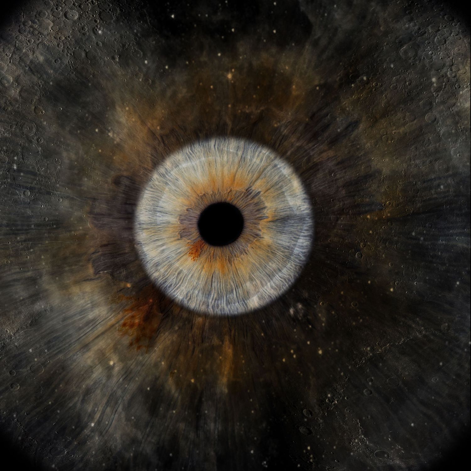 Series of cosmic eye-like nebula formations in space with radiating patterns of orange, white and dark matter.