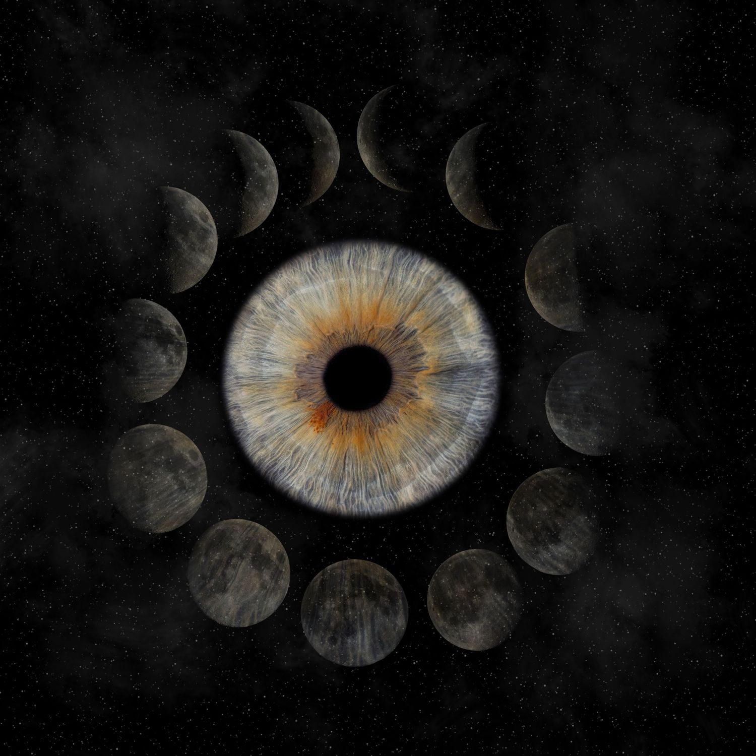 Sequence of moon phases arranged in a circular pattern transitioning to a detailed human iris in the center.