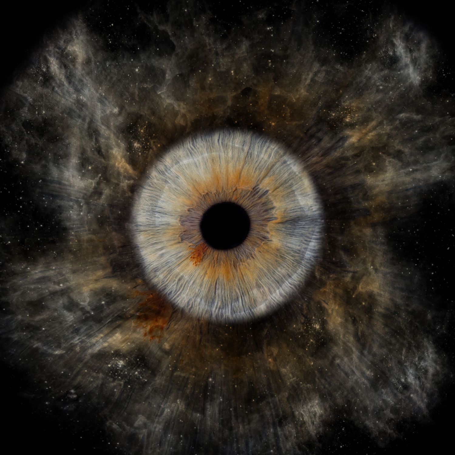 Close-up artistic image of a human iris blending into a cosmic nebula in dark space with wispy cloud-like formations.