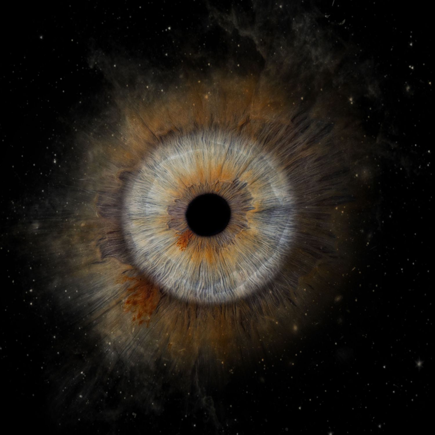 A cosmic eye nebula with orange and silver swirls resembling an iris against a dark starry space background.
