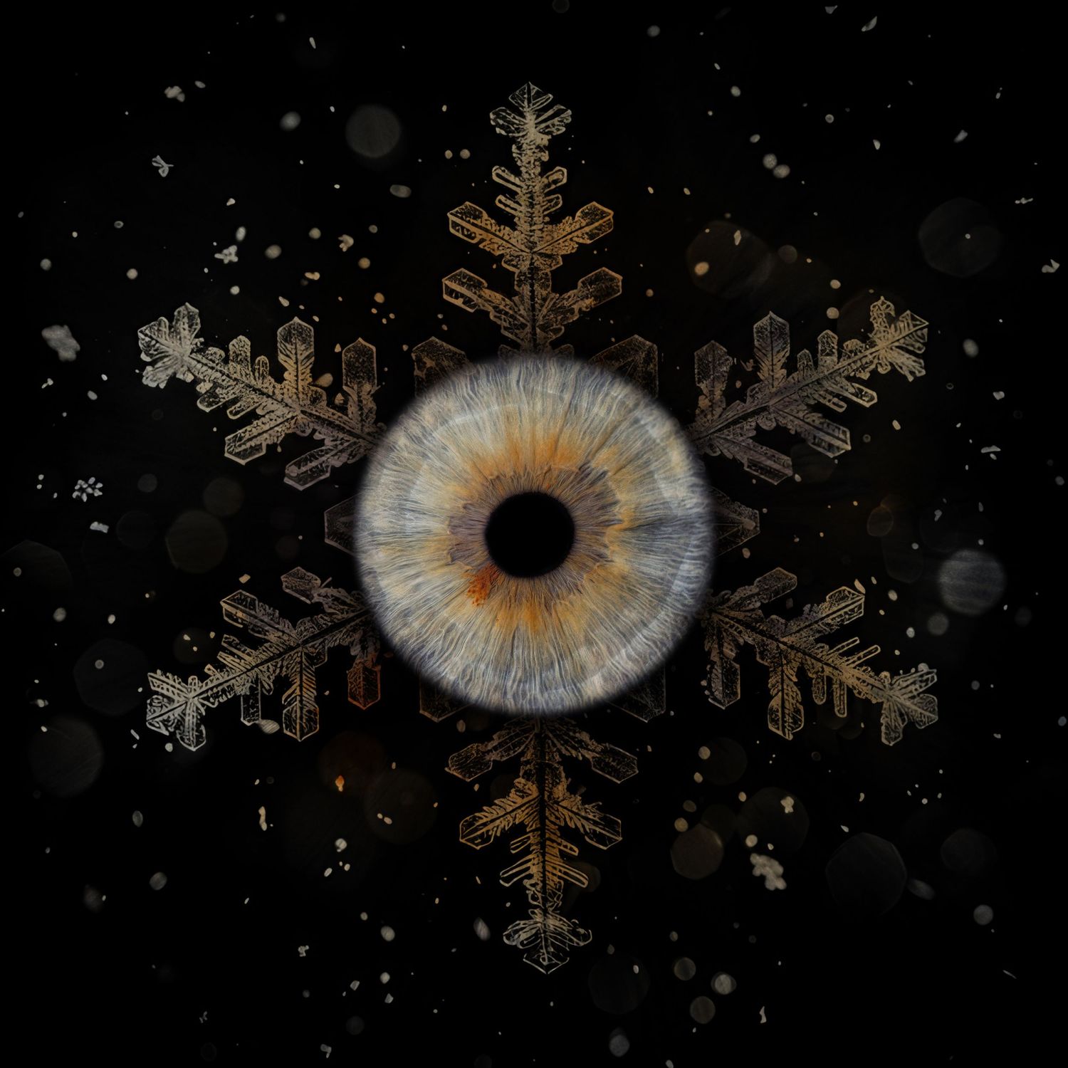 A surreal composite image of a human iris merged with an ornate gold snowflake design on a dark starry background.