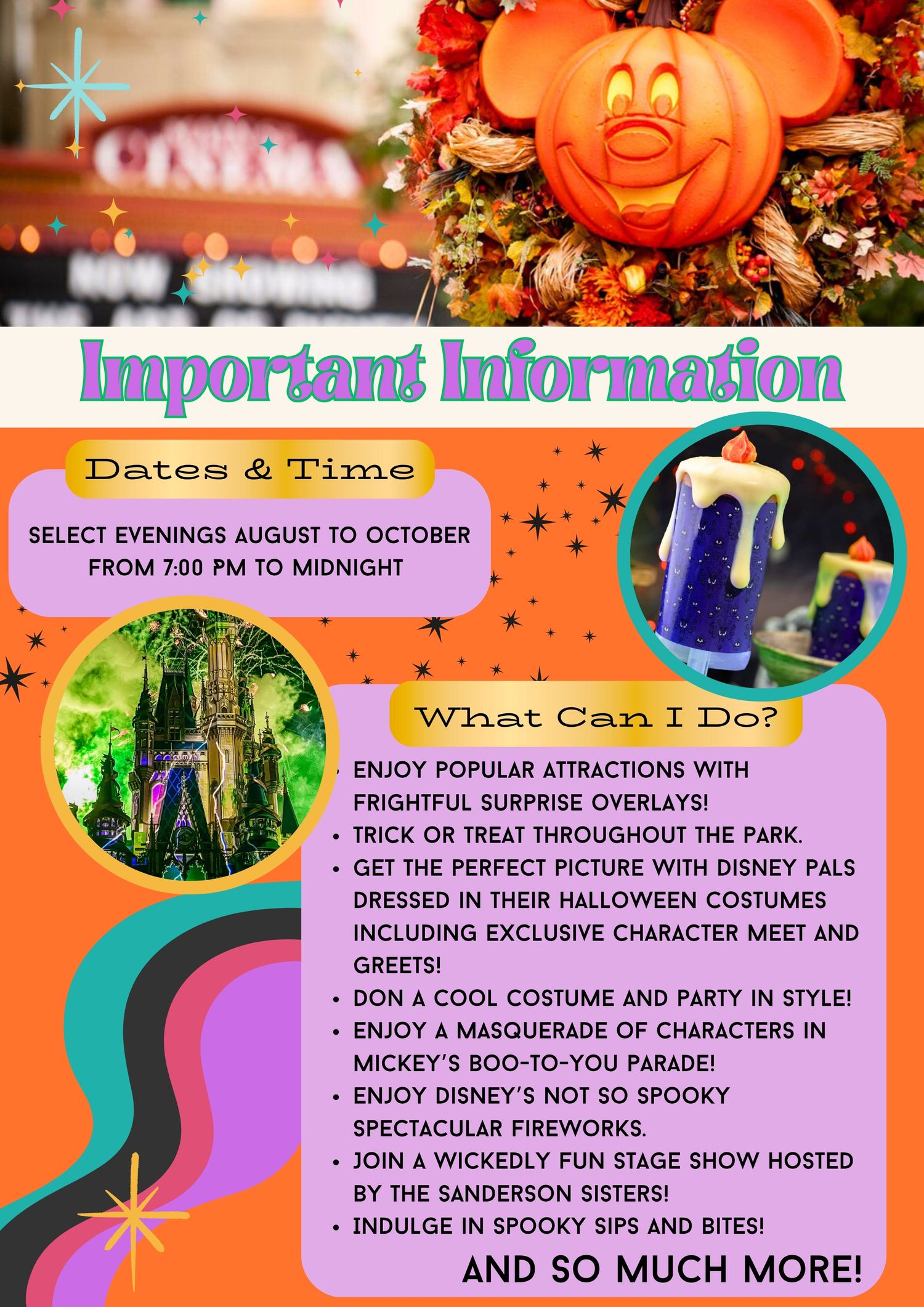Event information poster showing Halloween activities and party details at Magic Kingdom.