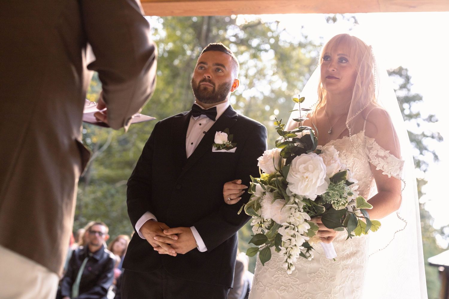 A series of wedding ceremony moments captured outdoors with soft natural lighting and floral arrangements.