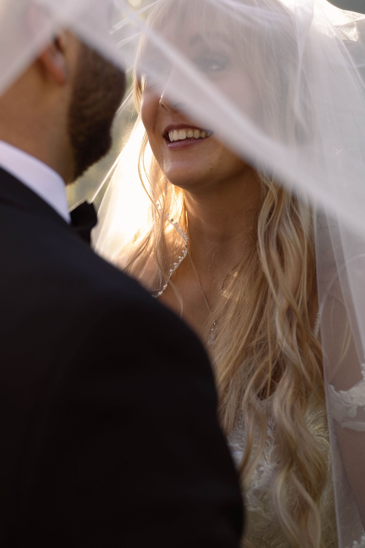Series of intimate wedding photos showing a bride in a white veil with flowing blonde hair.