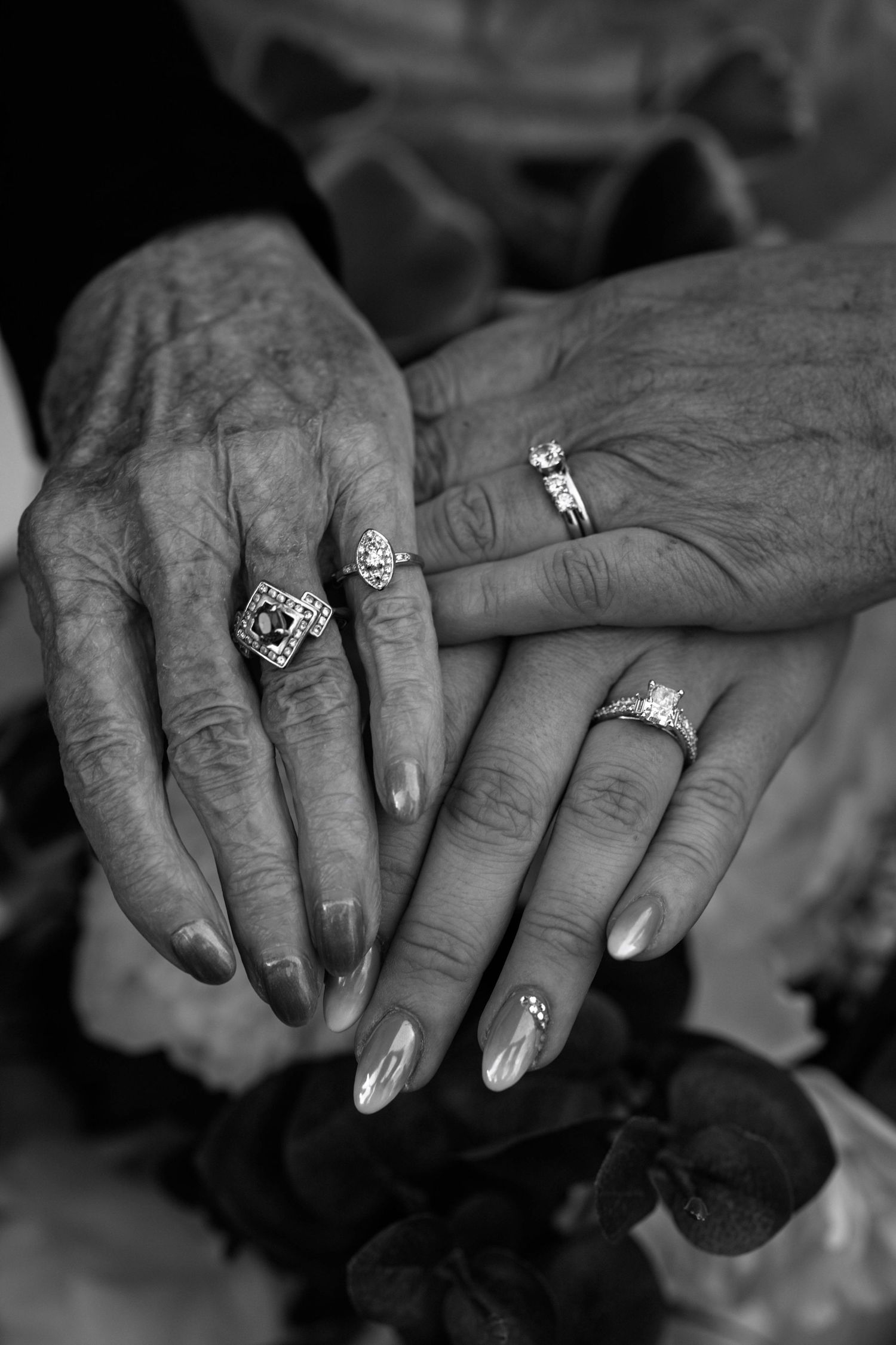 A series of black and white closeup photographs showing elegant rings worn on elderly hands.