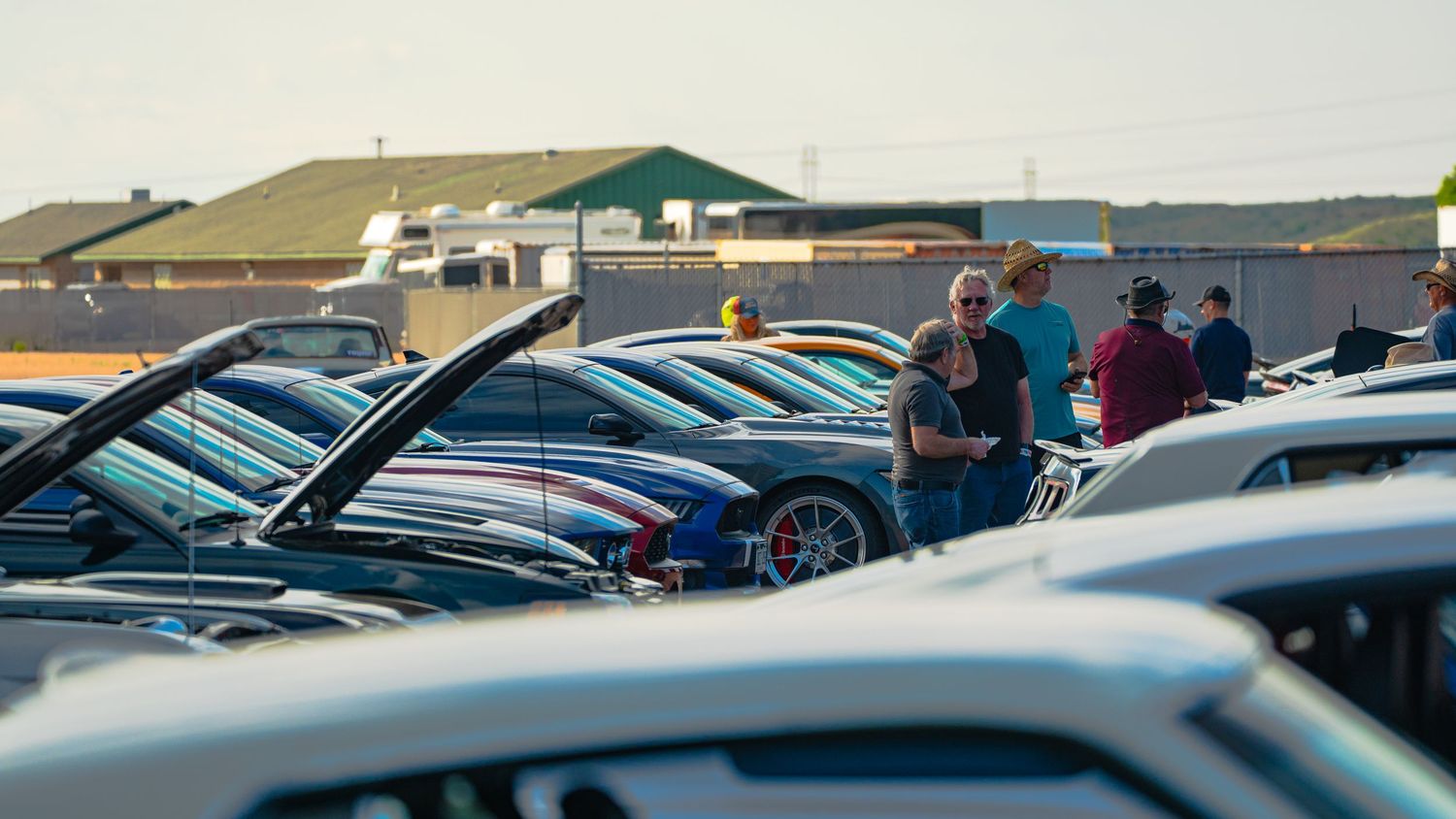 Cars line up in a row at a dealership or automotive event under bright daylight conditions.