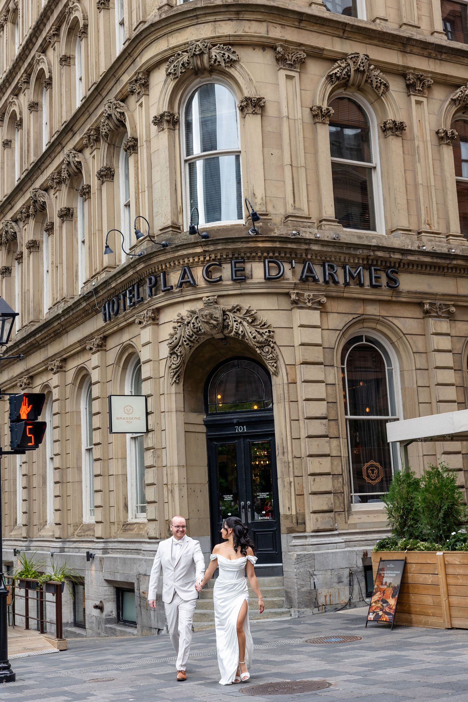 Editorial bridal portrait against city skyline — Montreal wedding photographer