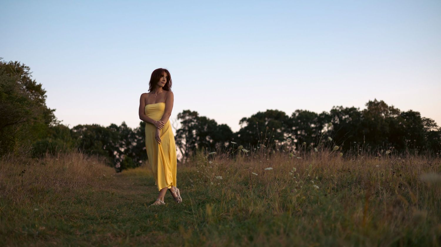 A panoramic view of a grassy field at sunset with trees in the background and a figure standing in silhouette.