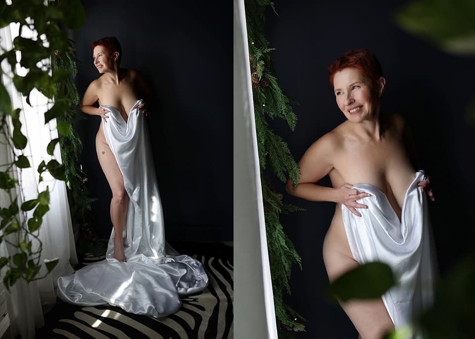 A series of dramatic black and white boudoir portraits showing a figure in a white silk garment against dark shadows.