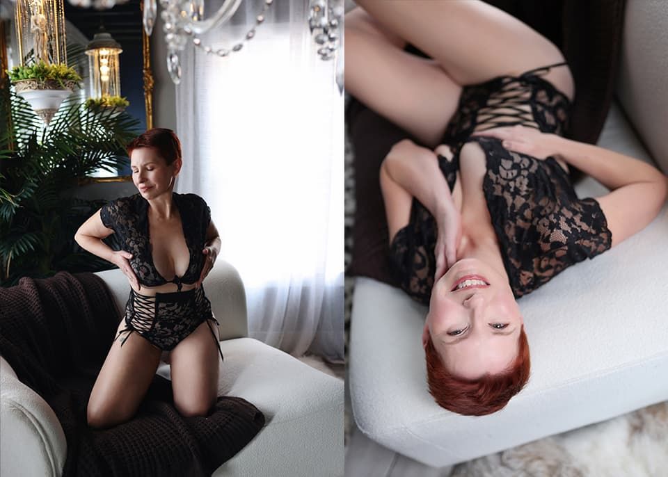 A series of black and white boudoir photos showing a woman in lace lingerie posing on a white sofa in natural light.