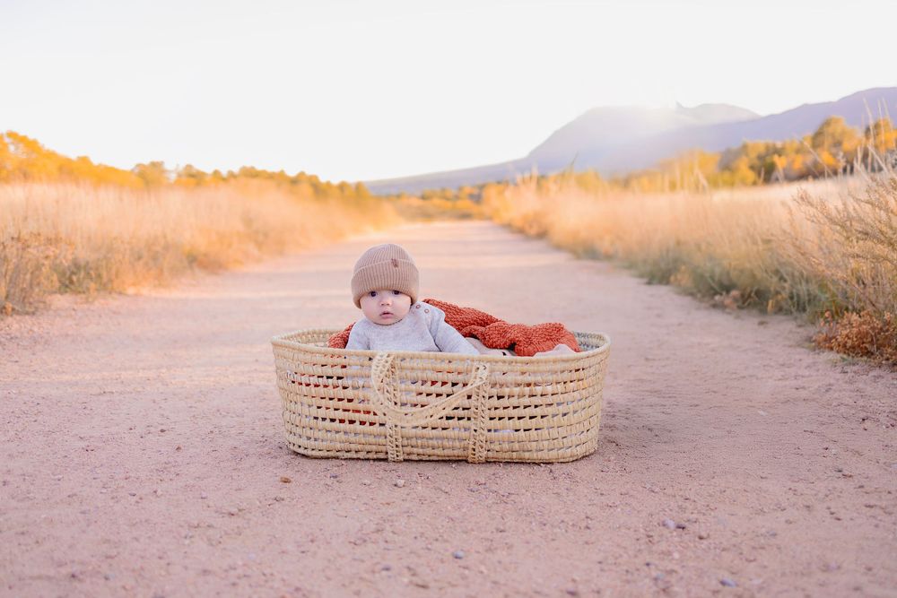 A baby sat upright in a woven basket on a dirt path during golden hour sunset.