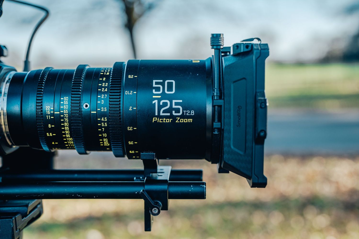 Close-up shots of camera lenses with focal length markings.