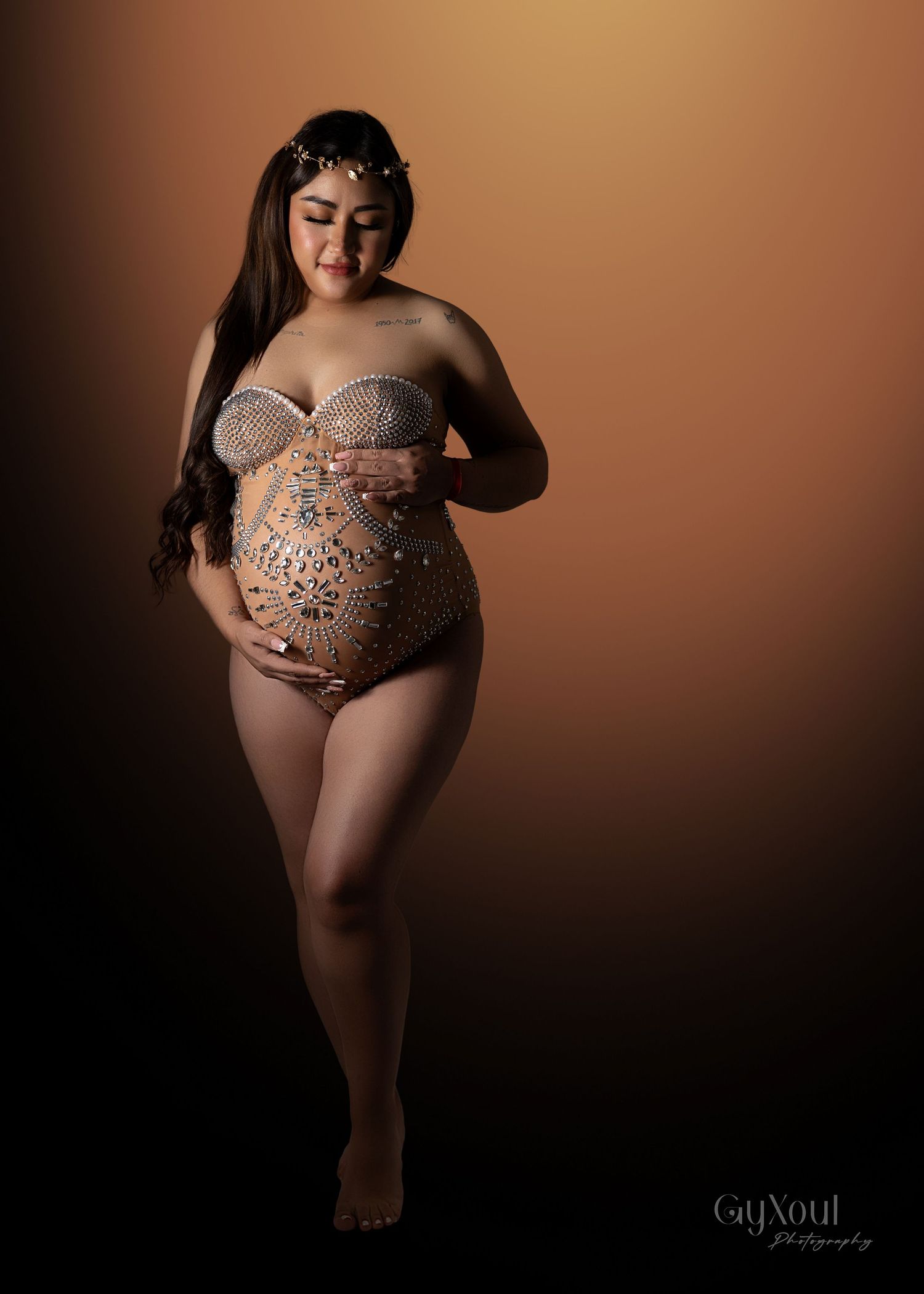 Artistic maternity boudoir photo series showing silhouette poses against warm brown backdrop in elegant lingerie.