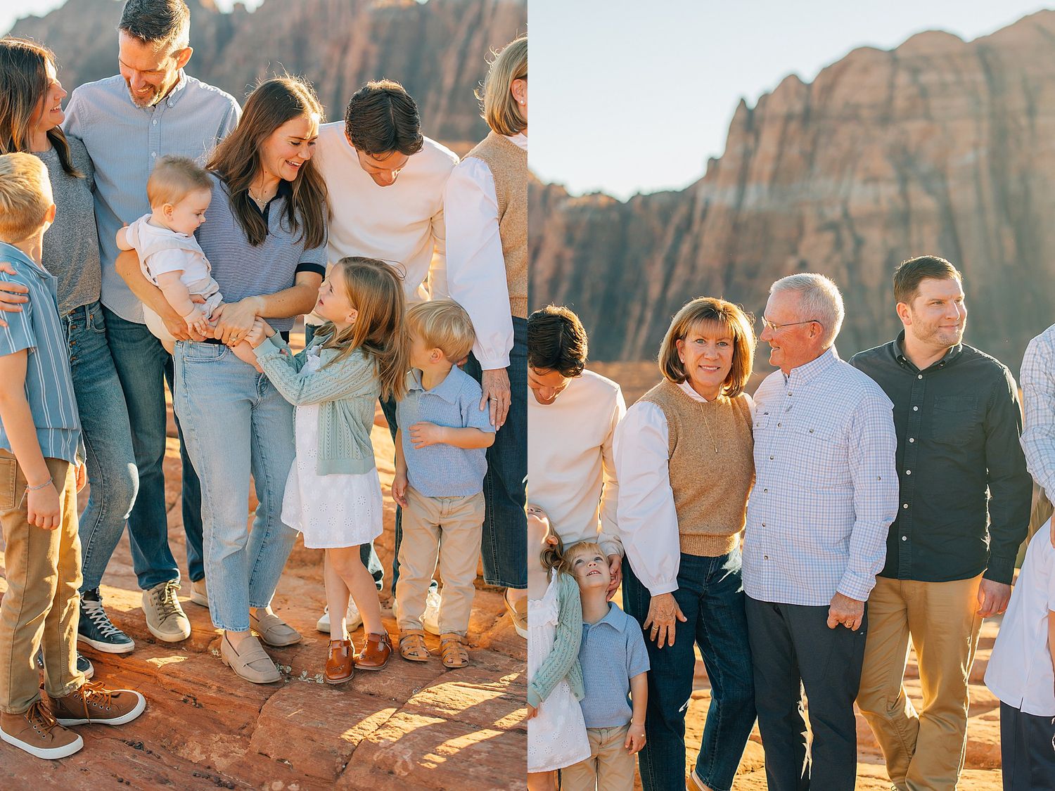 Family enjoying sunset at red rock canyon with mountains in background during golden hour.