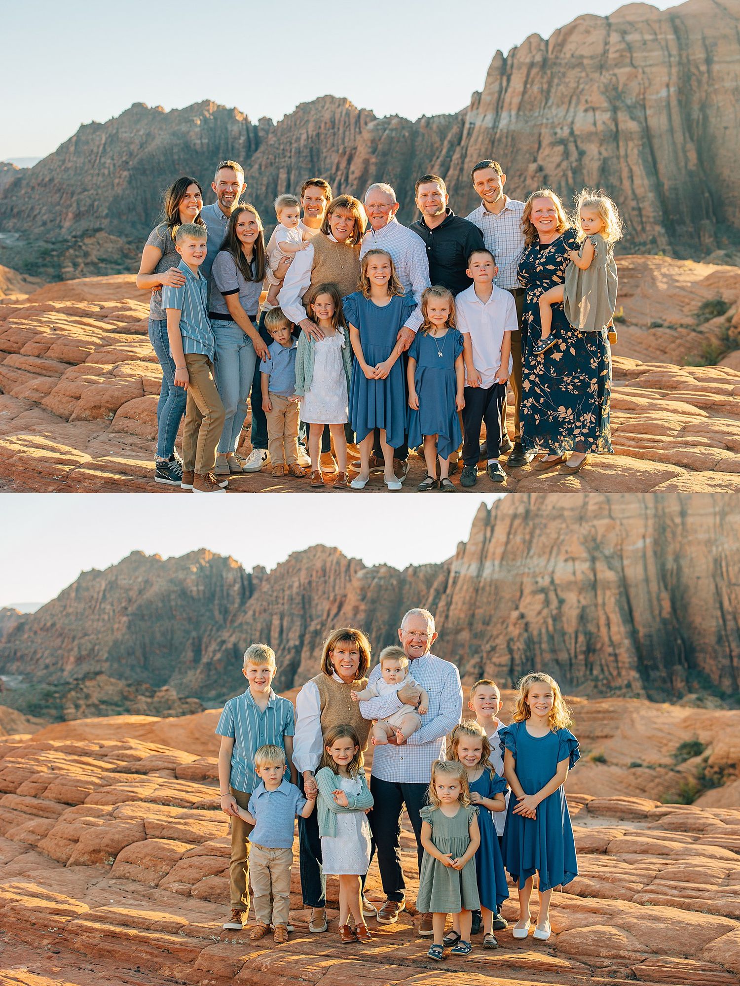 A large group wearing coordinated blue outfits poses together on red rocks at sunset in a desert landscape.