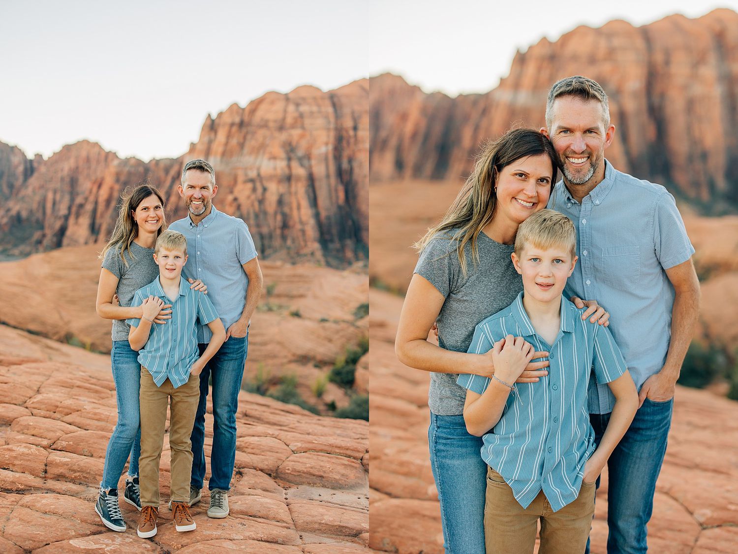 Family wearing coordinated blue outfits poses together against stunning red rock formations in desert landscape.