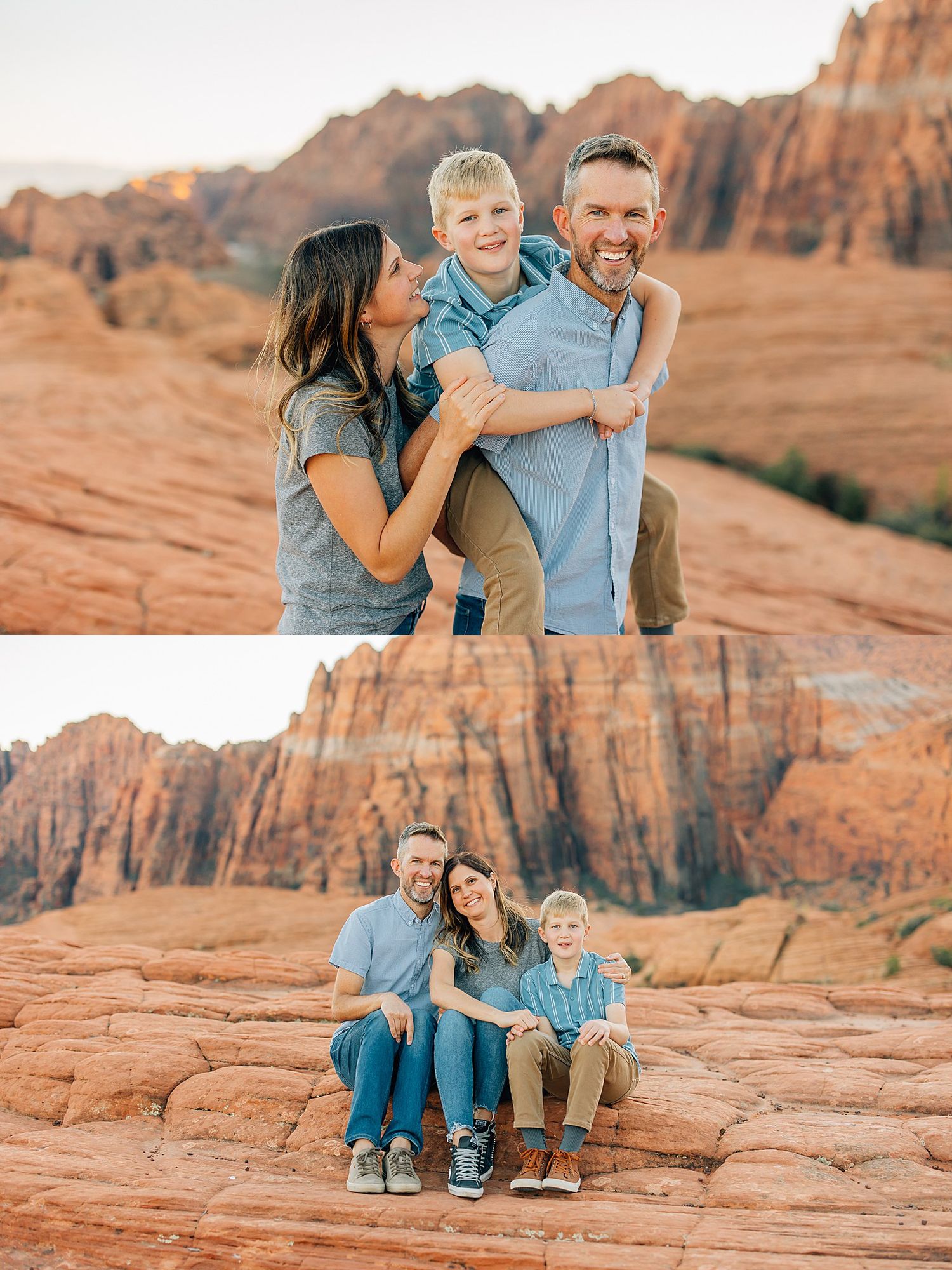 Family sits together on red sandstone rocks during outdoor photo session at sunset.