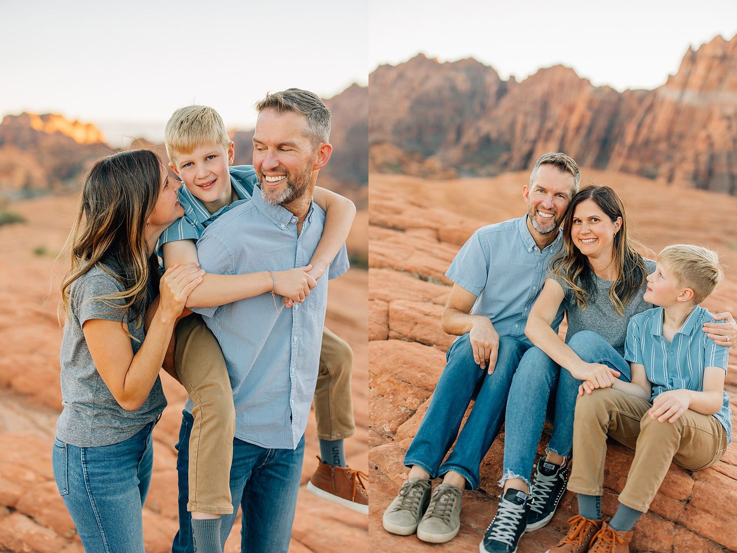 Two groups pose casually on red desert rocks during golden hour.