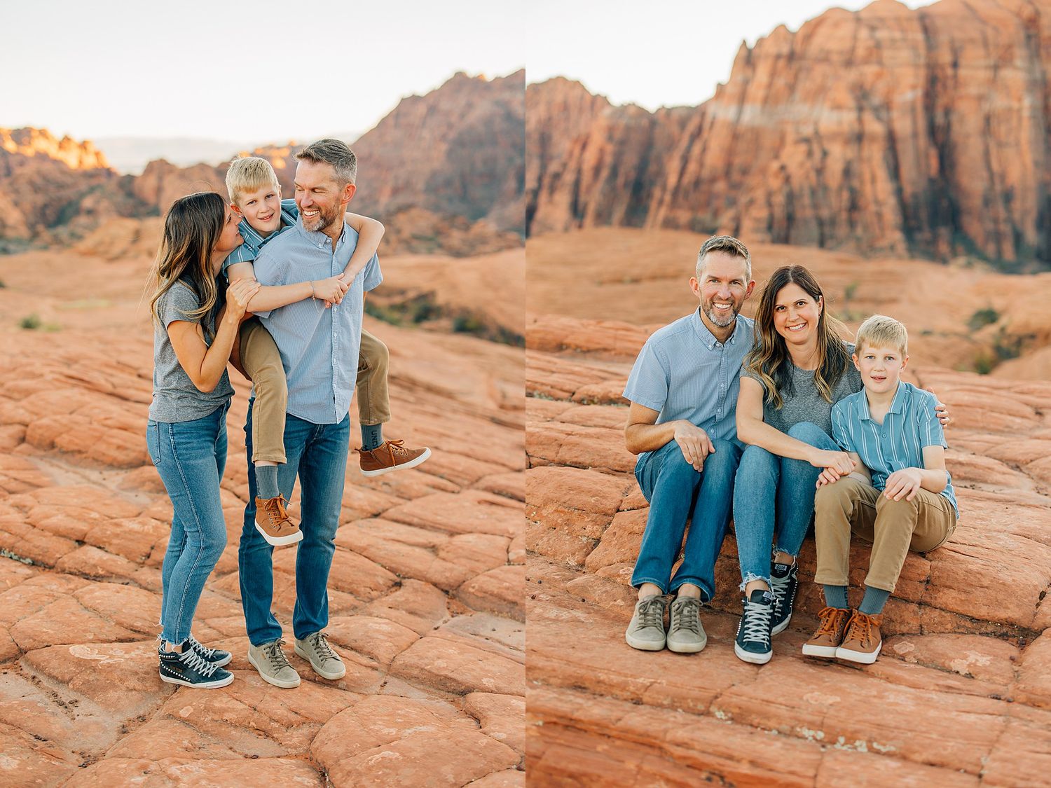 Group portrait session on red sandstone rocks with people in matching denim and blue attire at sunset.