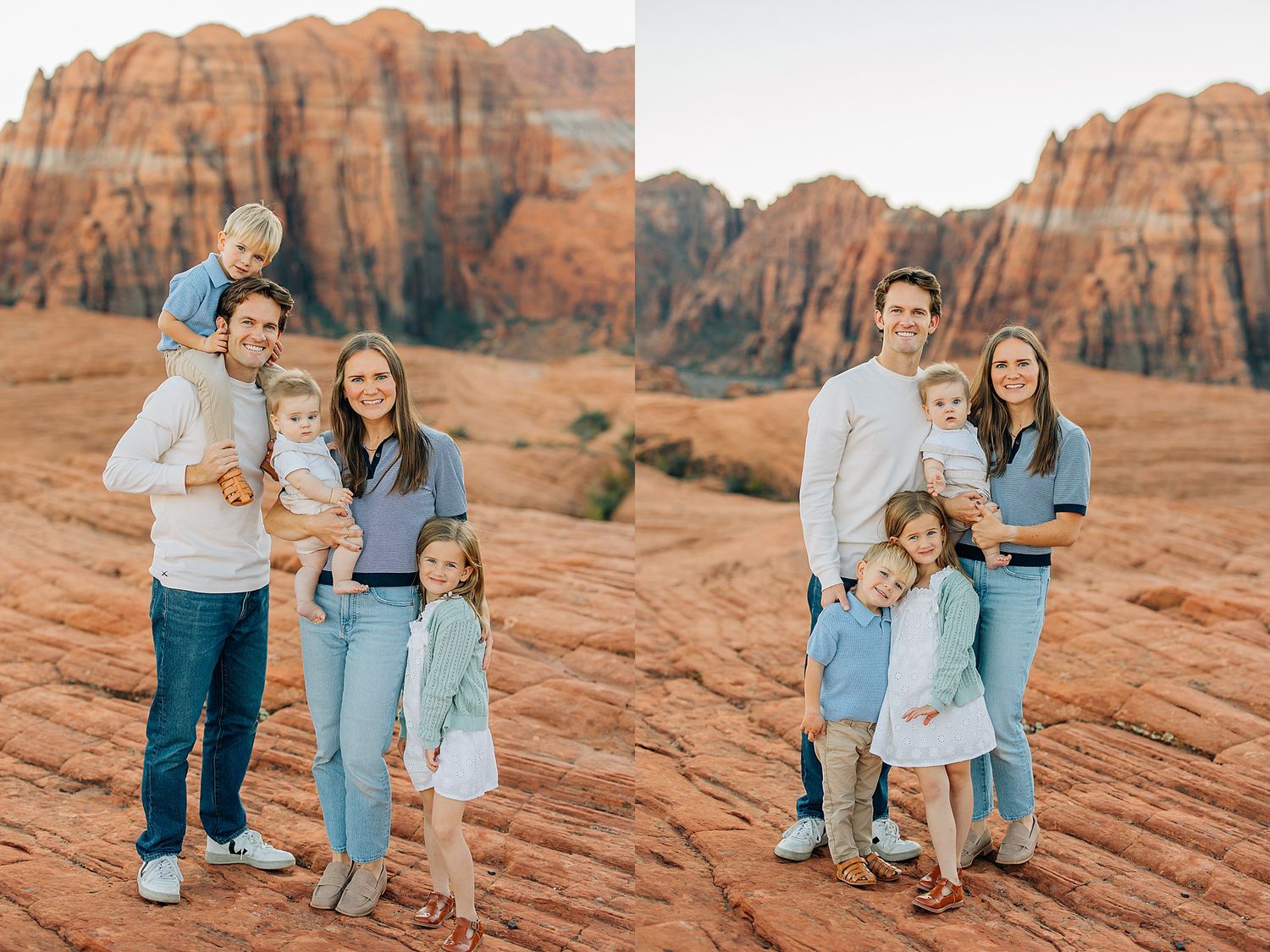 Group wearing coordinated blue and tan outfits pose among stunning red rock formations in desert landscape.
