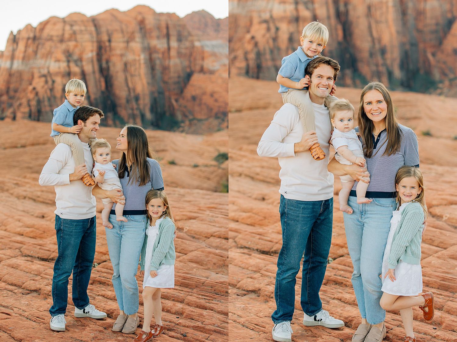 Family group walking together on red rock formations during sunset photoshoot in desert landscape.