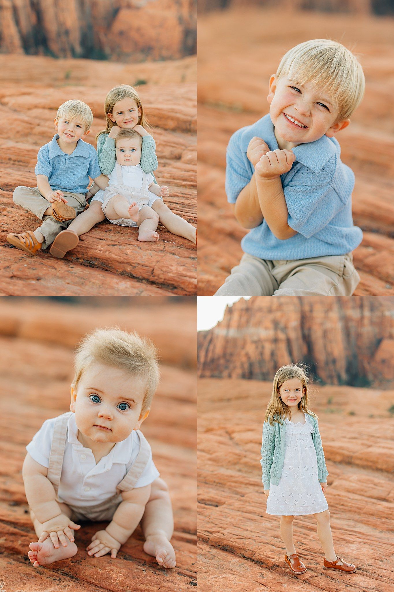 Four candid portrait shots of young ones in casual attire against a desert backdrop.