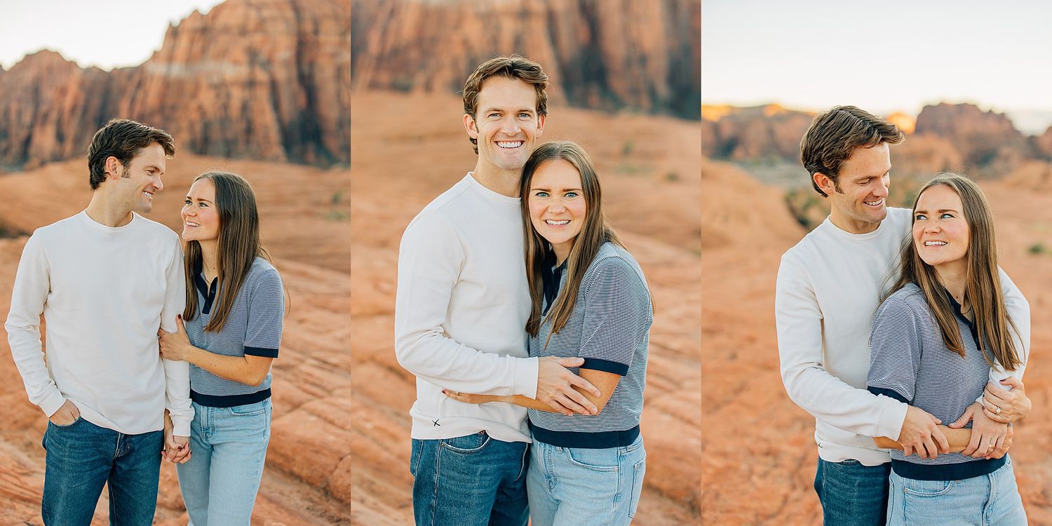 A group shares candid moments together against stunning red rock formations in a desert landscape.