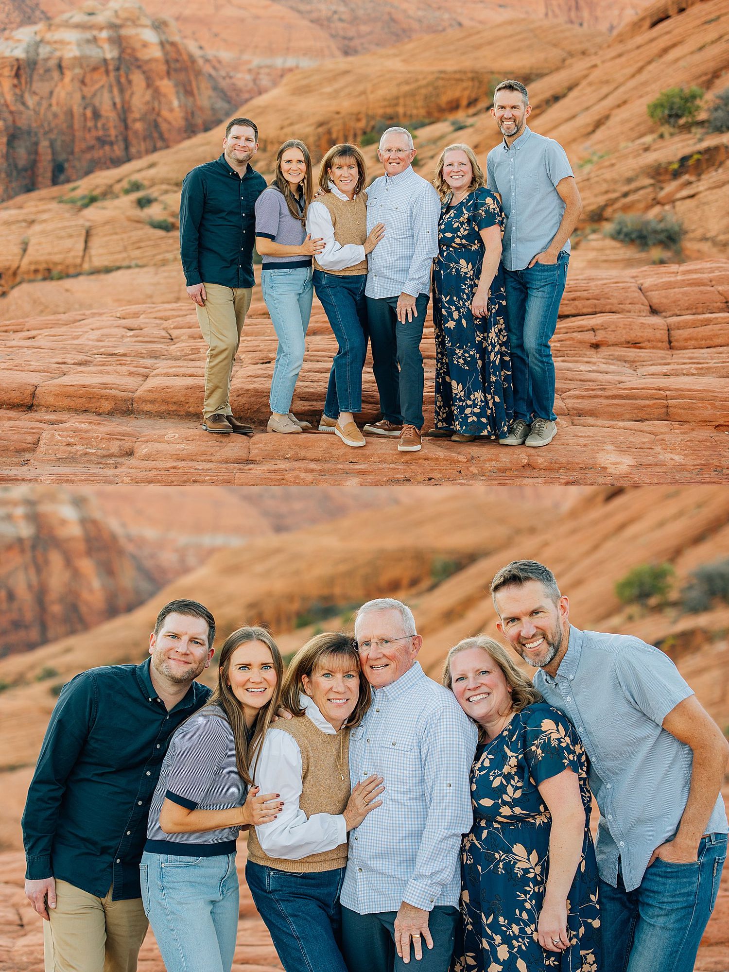 A group portrait session against stunning red rock formations in a desert landscape during golden hour.