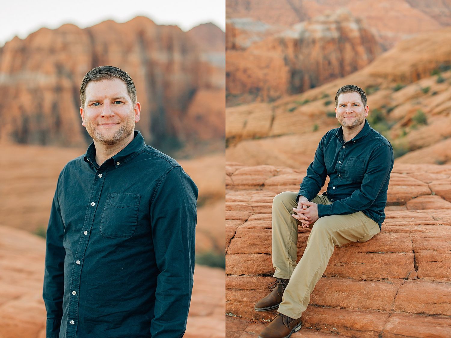 A series of casual portrait photographs taken against vibrant orange sandstone cliffs in a desert setting.