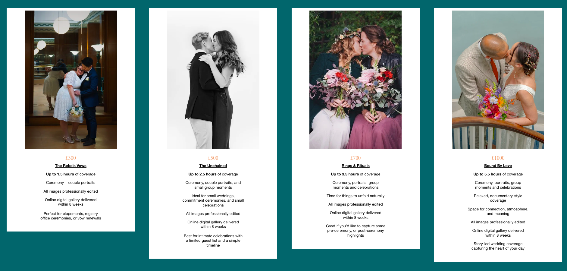 Four vertical wedding invitation cards with romantic photographs and text layouts showing different couples and celebrations.